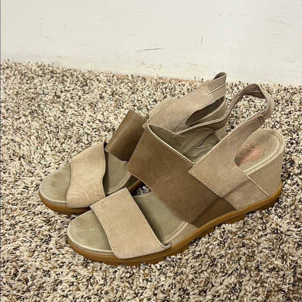 Sorel Beige and Brown Wedge Sandals